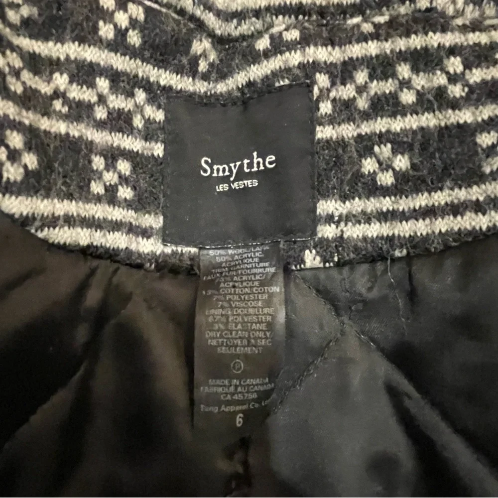 Smythe Fair Isle Fur Trim Hooded Duffle Coat in Dark Grey & Cream - Picture 8 of 11